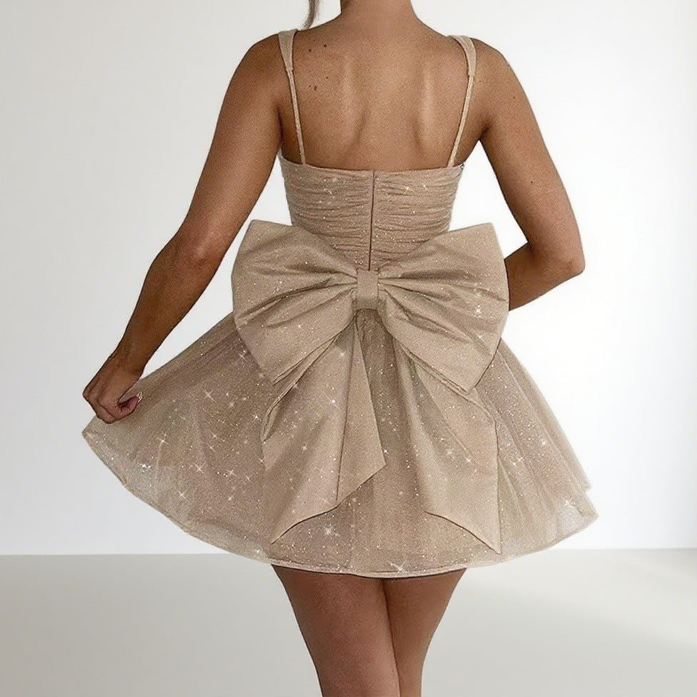 Damen Verspielt-glamouröses Minikleid mit ausgestelltem Rock und dekorativem Schleifen-Detail R&B