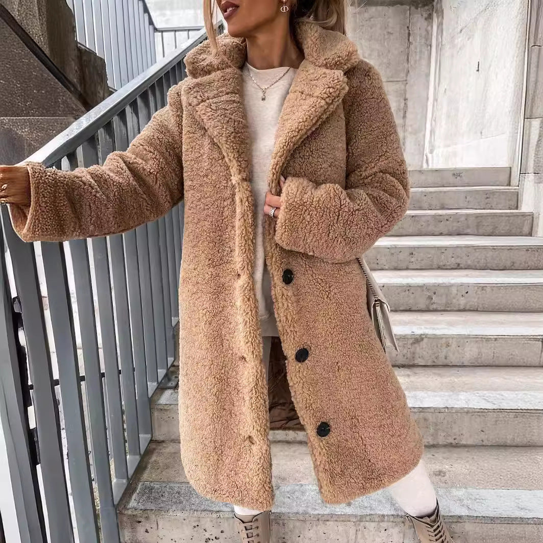 Damen nan langer kuscheliger Teddy-Mantel mit Knopfverschluss und Kapuze R&B