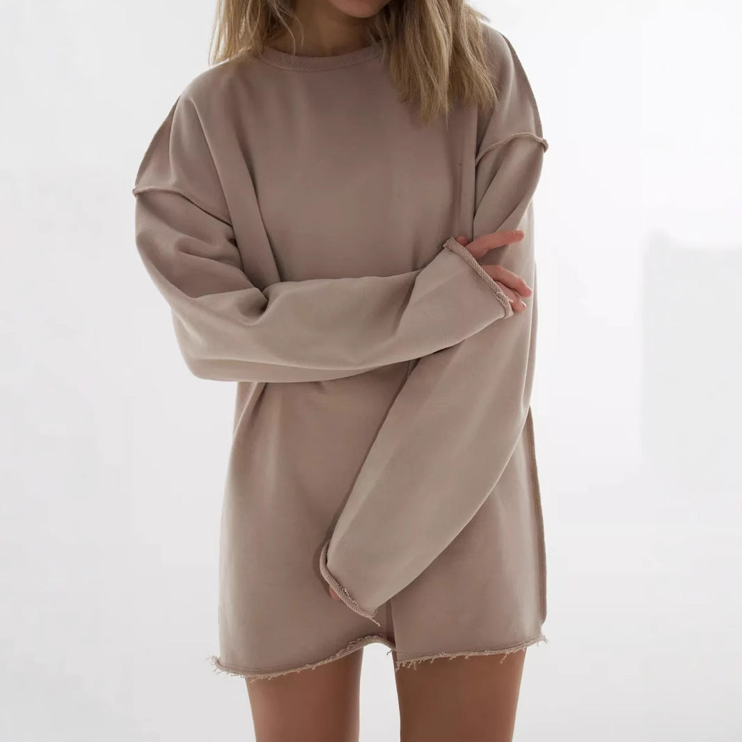 Damen Lässiger Oversized-Pullover mit abgerundetem Saum und langen Ärmeln R&B
