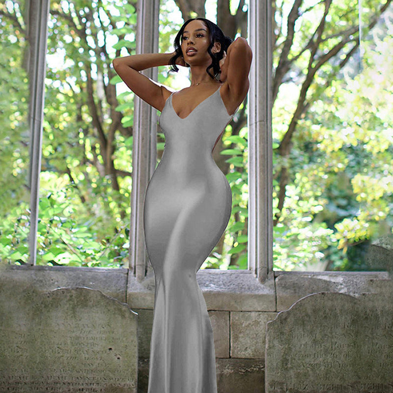 Damen elegantes figurbetontes Abendkleid mit Spaghettiträgern und fließendem Schnitt R&B