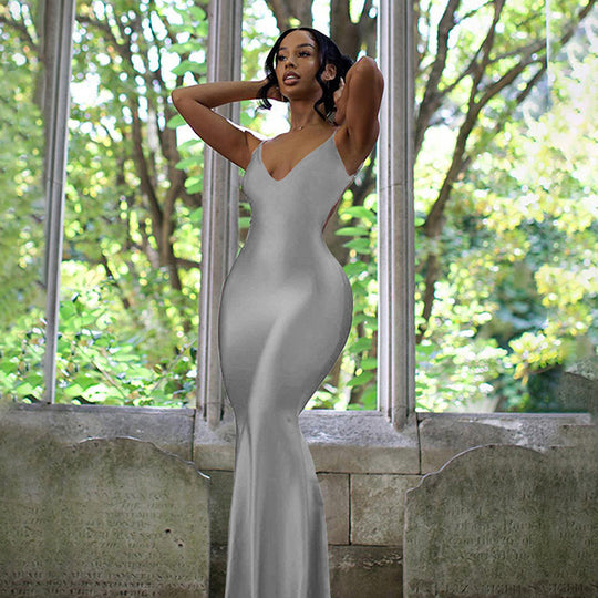 Damen elegantes figurbetontes Abendkleid mit Spaghettiträgern und fließendem Schnitt R&B