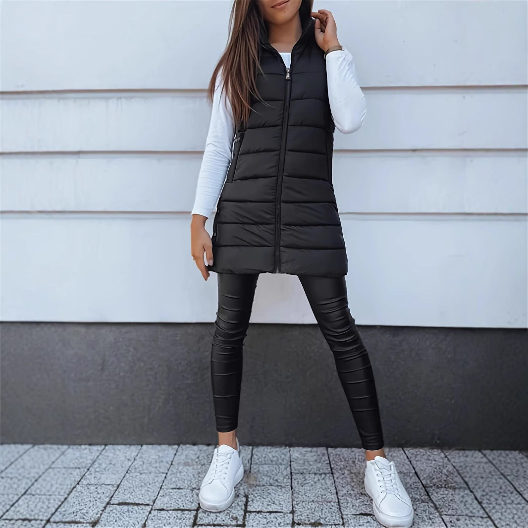 Damen Stylische gesteppte Weste mit Kapuze und langen Schnitt R&B
