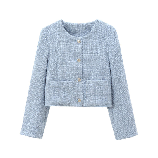 Damen elegante Kurzjacke im strukturierten Tweed-Stil mit praktischen Taschen R&B