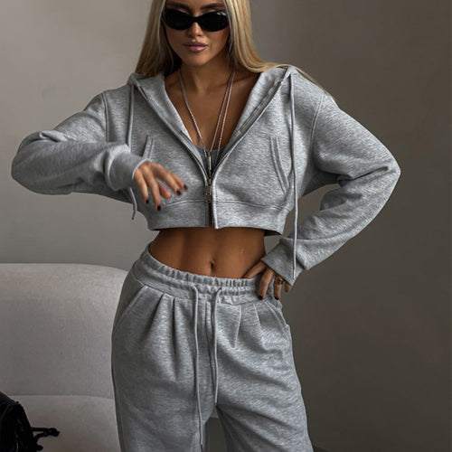 Damen Cropped Kapuzenjacke und bequeme Jogginghose Set R&B