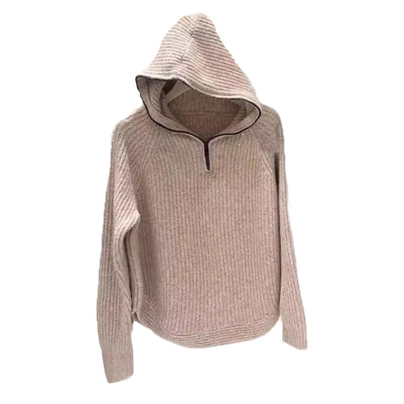 Damen lässiger Strickpullover mit hochgezogenem Kragen und Reißverschluss R&B