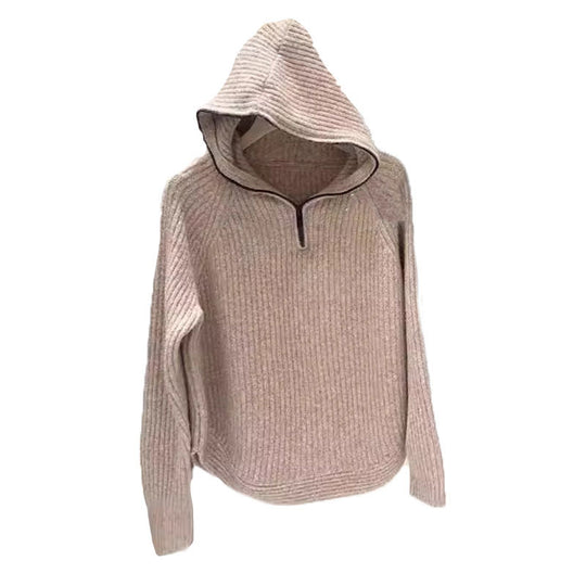Damen lässiger Strickpullover mit hochgezogenem Kragen und Reißverschluss R&B