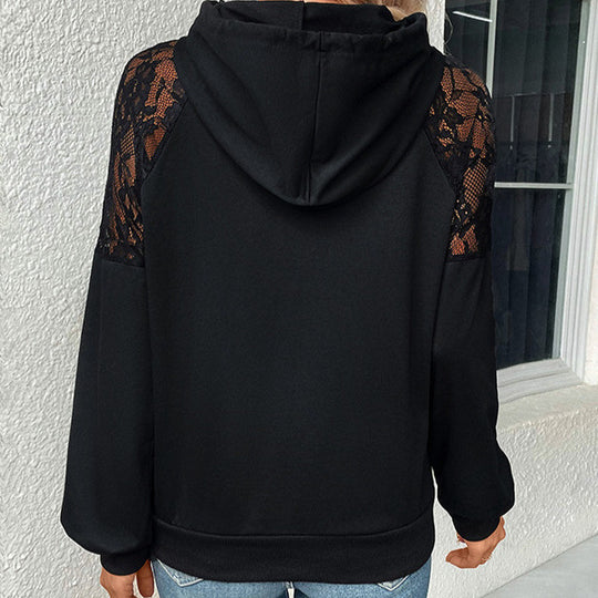 Damen Kapuzensweatshirt mit eleganten Spitzenärmeln und lässigem Schnitt R&B