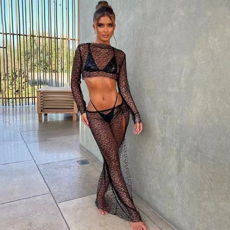 Damen Transparenter Strandbody mit langem Arm R&B