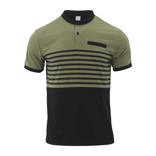 Herren nan kurzärmeliges Streifen-Kurzarmshirt mit Knopfleiste, Stehkragen und Brustpaspel R&B