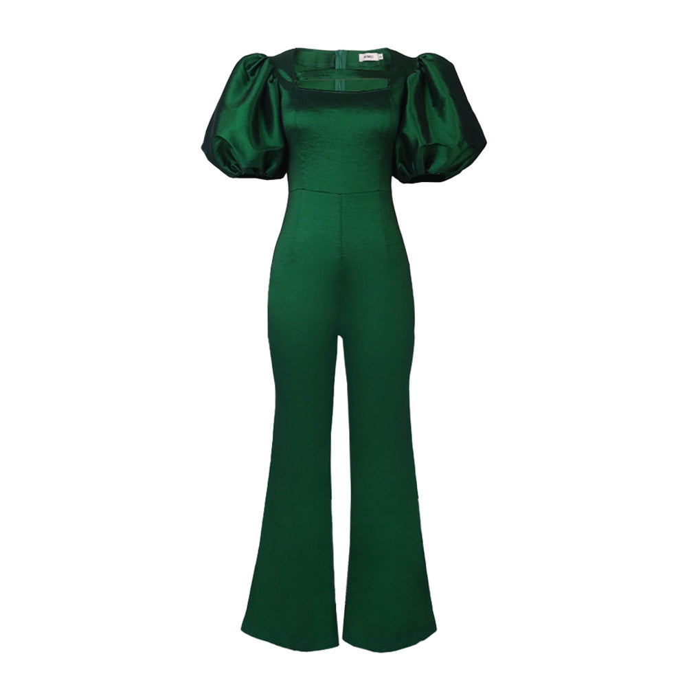 Damen eleganter Overall mit Puffärmeln und quadratischem Ausschnitt R&B