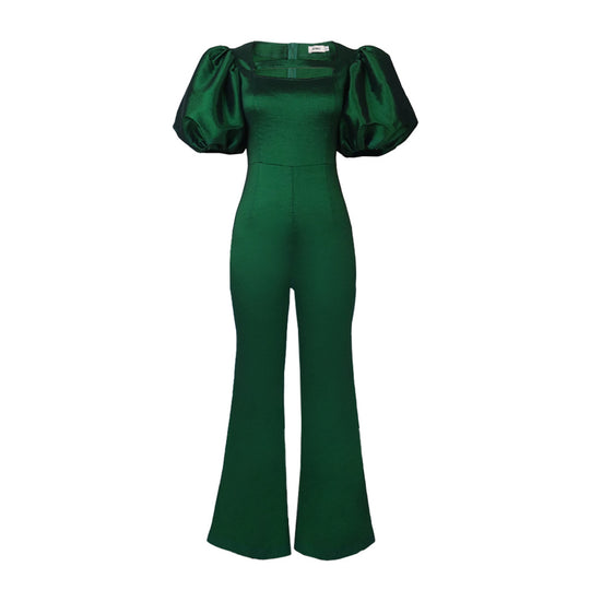 Damen eleganter Overall mit Puffärmeln und quadratischem Ausschnitt R&B