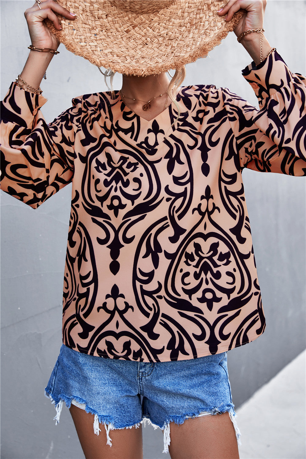Damen Bluse mit elegantem Barockmuster und lässigen Puffärmeln R&B