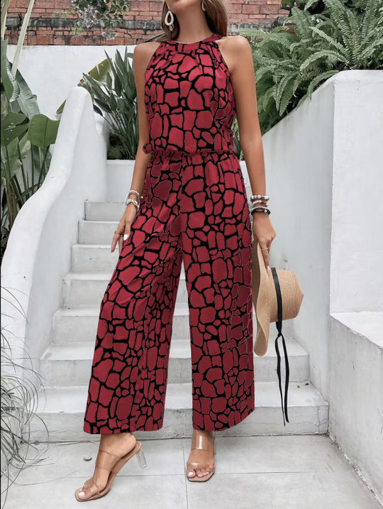 Damen edgy Jumpsuit mit Giraffenmuster und weitem Bein R&B