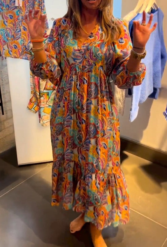 Damen Maxikleid mit farbenfrohem Paisleymuster und eleganter Raffung Heidi-Mode