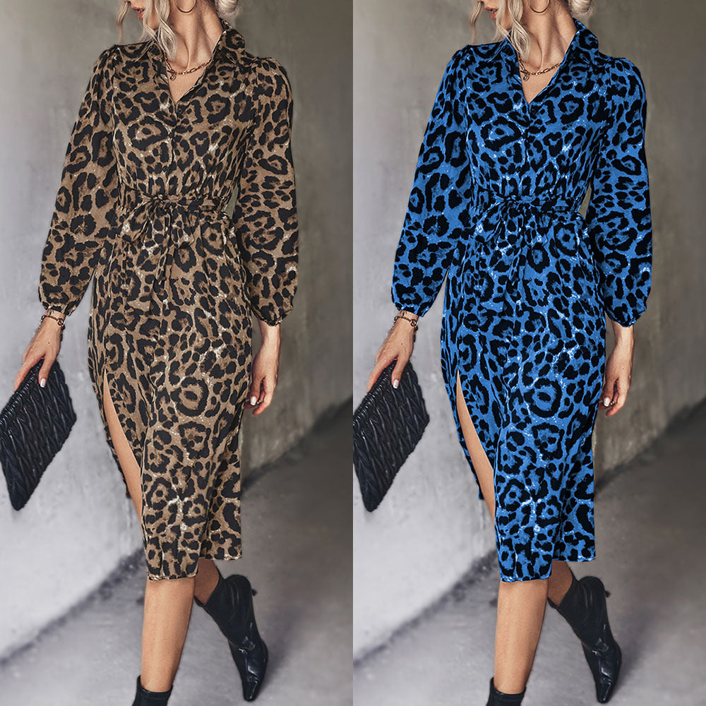 Damen Midi-Kleid mit modernem Leopardenmuster und elegantem Schlitz R&B