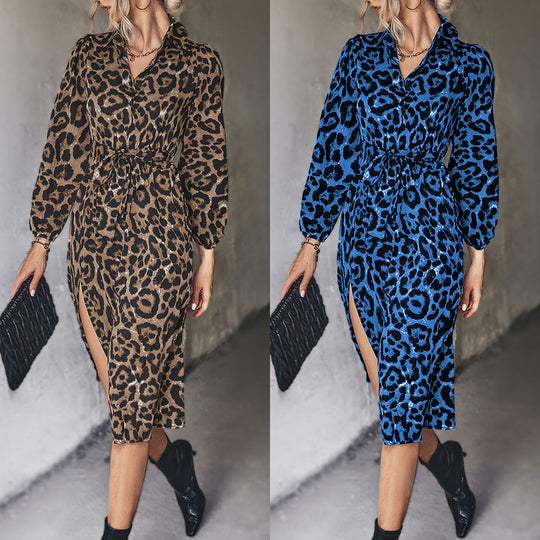 Damen Midi-Kleid mit modernem Leopardenmuster und elegantem Schlitz R&B