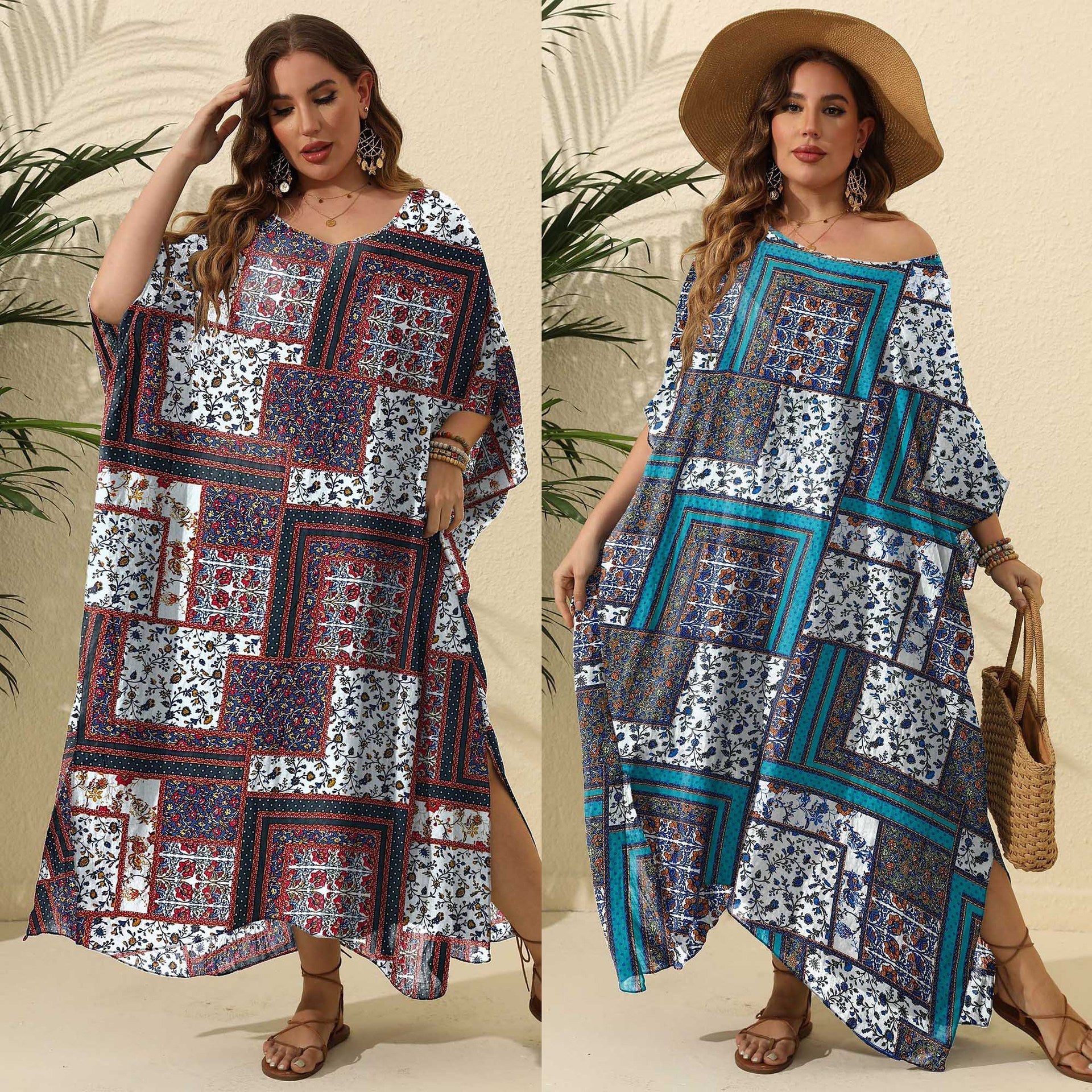 Damen luftiges Maxikleid mit farbenfrohem Patchwork-Design R&B