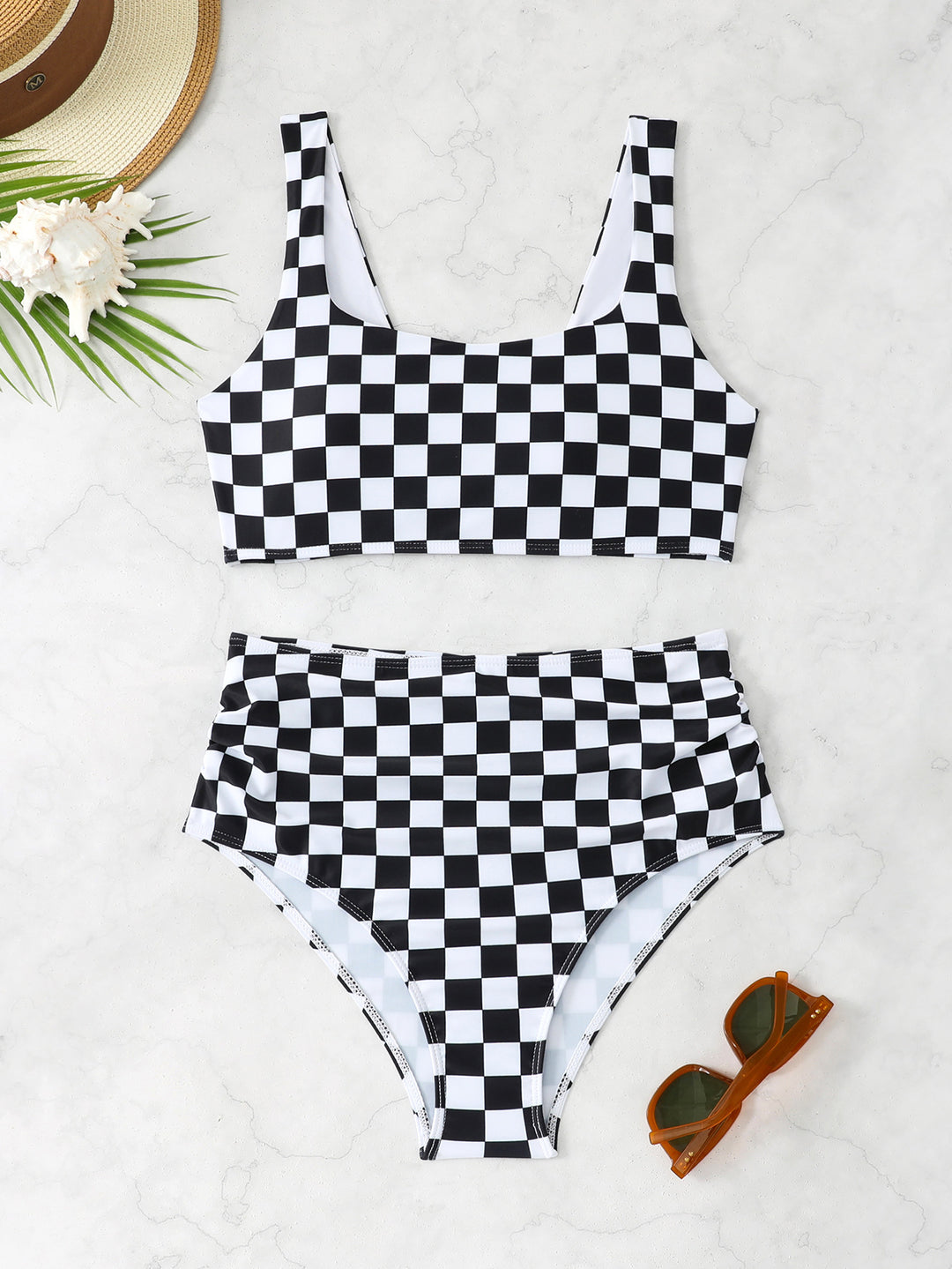 Damen Bikini-Set mit modischem Karomuster und hohem Bund R&B