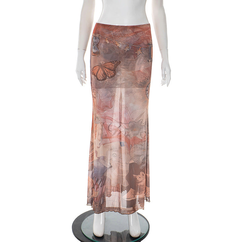 Damen Eleganter, transparenter Maxirock mit künstlerischem Druck und fließendem Schnitt R&B