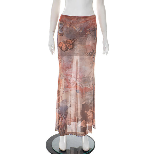 Damen Eleganter, transparenter Maxirock mit künstlerischem Druck und fließendem Schnitt R&B