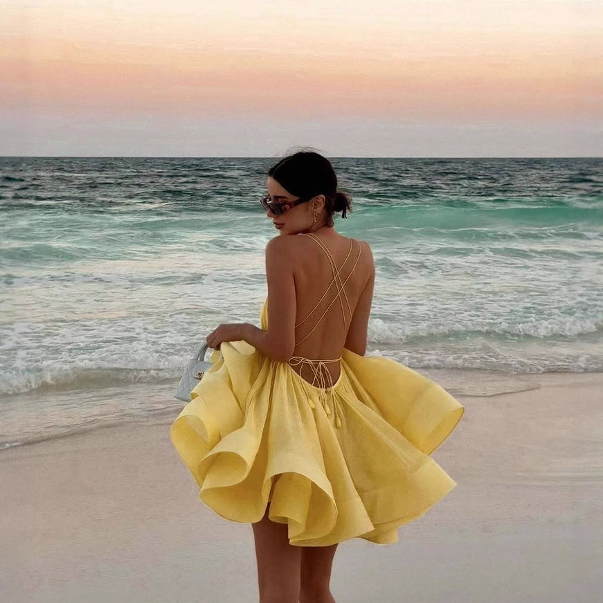 Damen Sommerliches Chiffonkleid mit verstellbaren Trägern und voluminösem Rock R&B