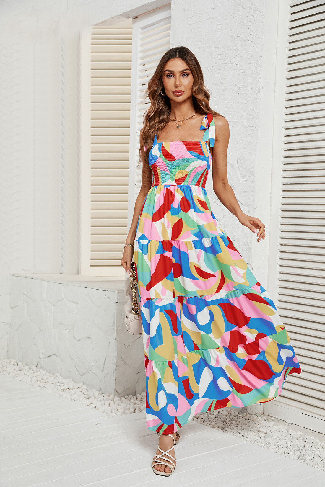 Damen Langärmliges Maxi-Kleid mit verspieltem Mehrfarbigem Design R&B
