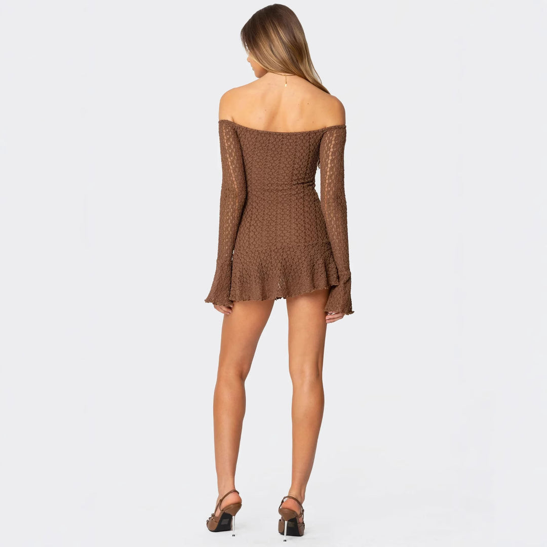 Damen Off-Shoulder Minikleid mit strukturiertem Häkelmuster und schwingendem Saum R&B