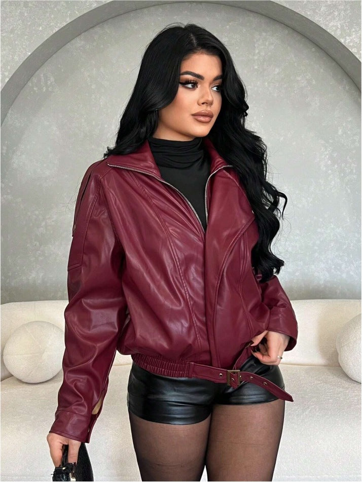 Damen Kunstlederjacke mit figurbetontem Schnitt und dekorativem Gürtel R&B
