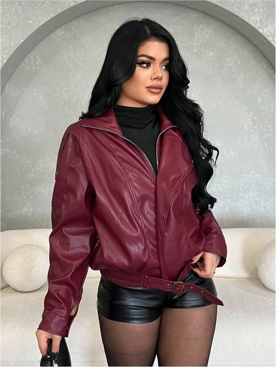 Damen Kunstlederjacke mit figurbetontem Schnitt und dekorativem Gürtel R&B