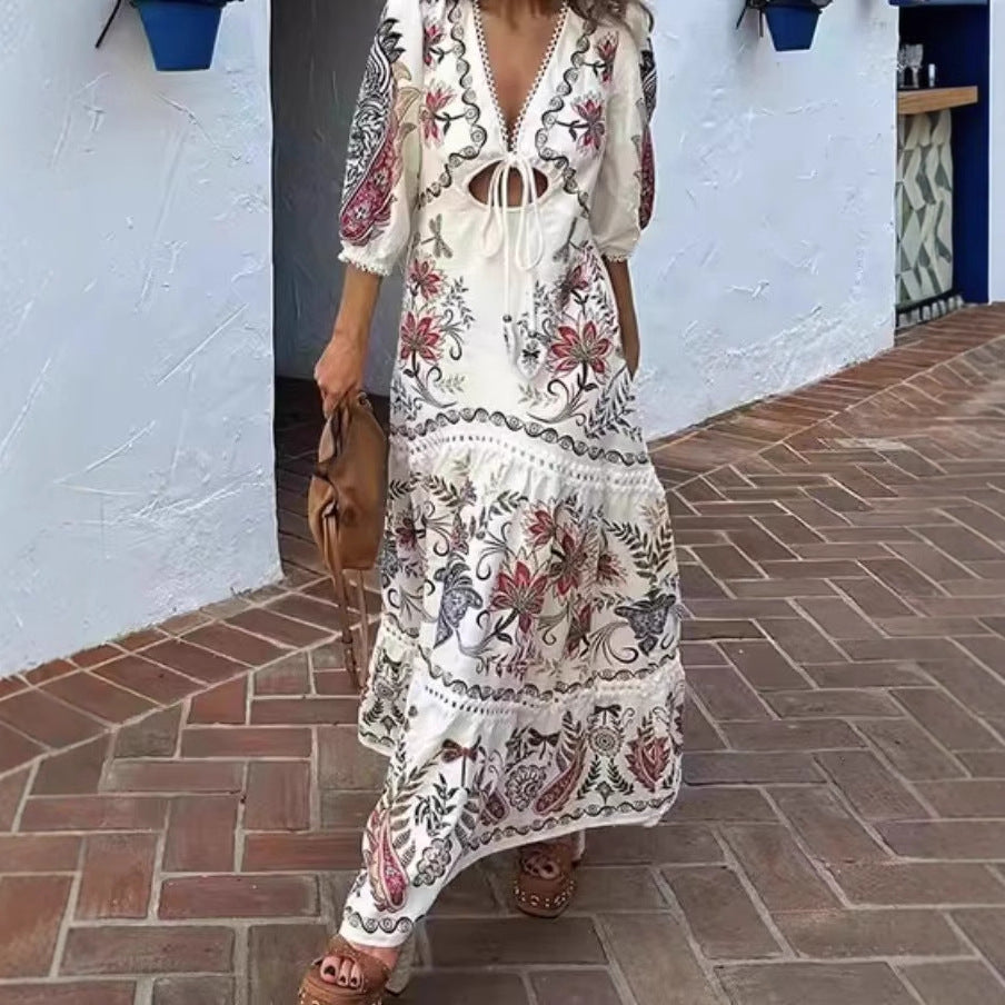 Damen Maxikleid mit floralen Stickereien und V-Ausschnitt R&B