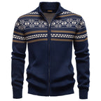 Herren nan Strickjacke mit durchgehendem Reißverschluss, Stehkragen und nordisch-geometrischem Intarsienmuster R&B