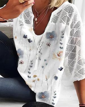 Damen nan V-Ausschnitt-Tunika mit Ajourstrick-Ärmeln und dezentem Aquarell-Blumenprint R&B