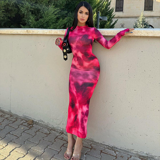 Damen Maxi-Kleid mit langen Ärmeln und modischem Batikmuster R&B