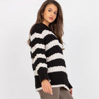 Damen Grobstrickpullover mit modischem Streifenmuster und voluminösen Ärmeln R&B