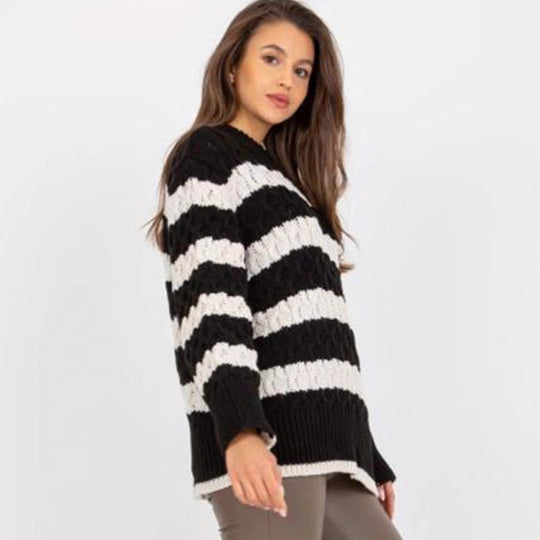 Damen Grobstrickpullover mit modischem Streifenmuster und voluminösen Ärmeln R&B