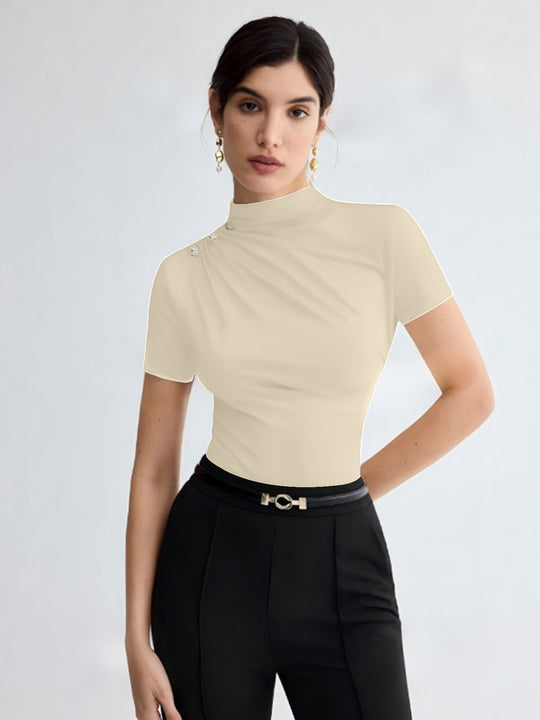 Damen elegantes Oberteil mit dekorativen Knopfdetails und modernem Stehkragen R&B