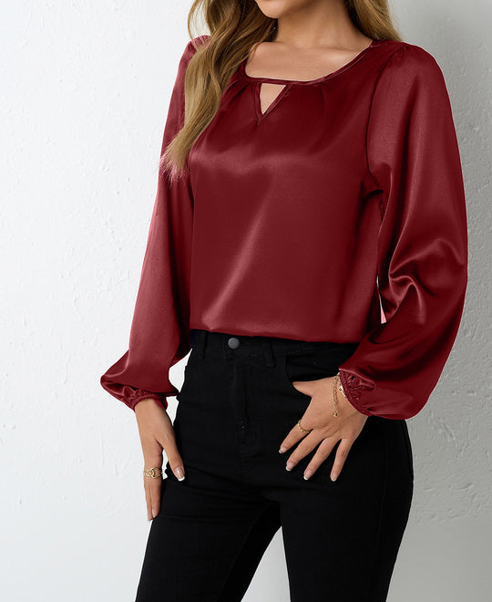 Damen elegante Satinbluse mit verspieltem Schlüsselausschnitt R&B