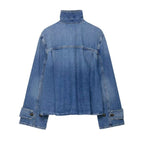 Damen nan cropped Boxy-Denimjacke mit hohem Wickel- bzw. Stehkragen und verdeckter Knopfleiste R&B