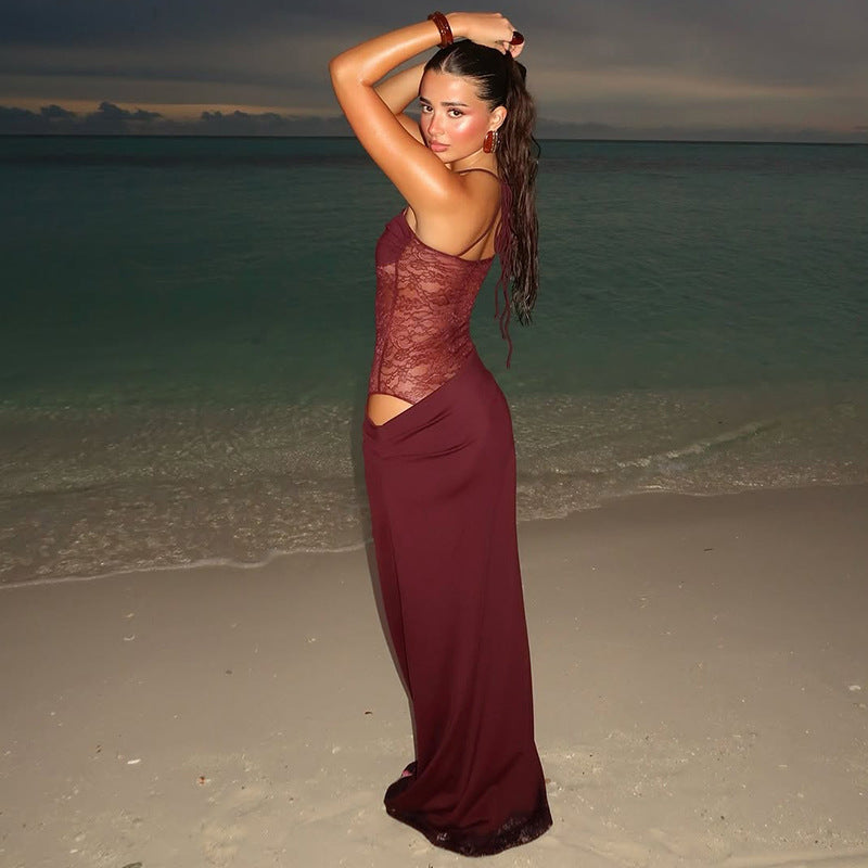 Damen Elegantes Maxikleid mit transparentem Oberteil und figurbetontem Design R&B