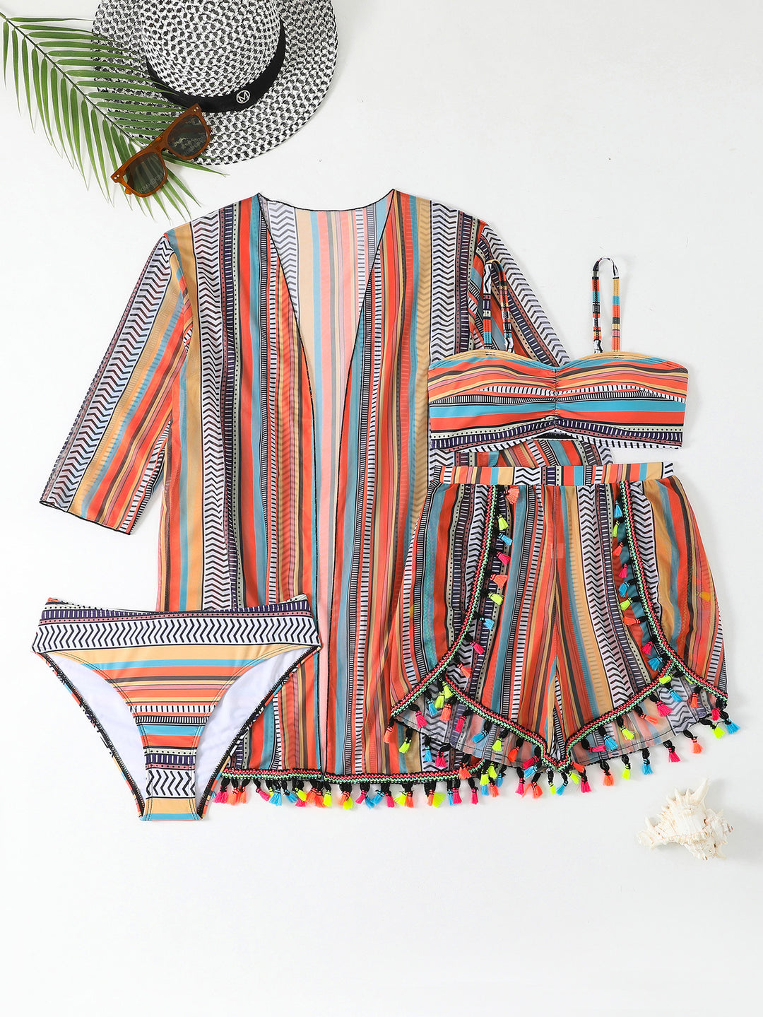 Damen Bikiniset mit trendigem Strandkimono und bunten Quasten R&B