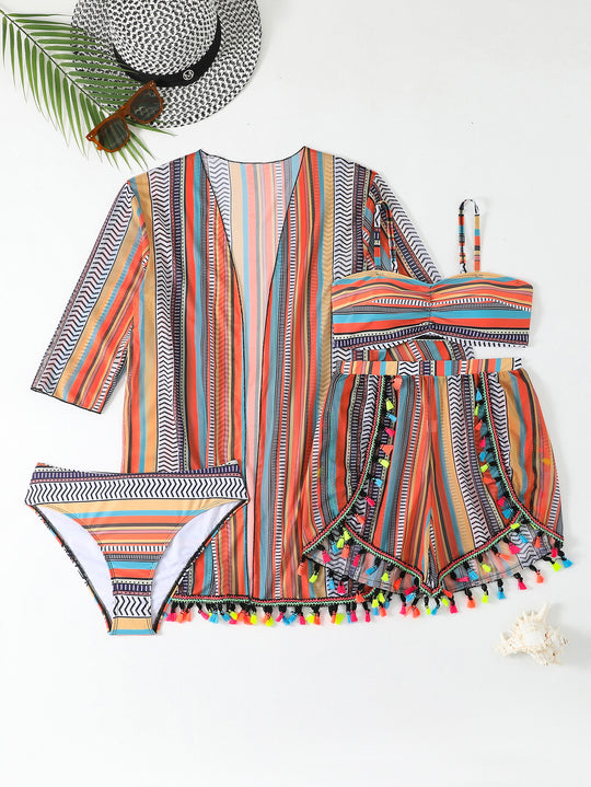 Damen Bikiniset mit trendigem Strandkimono und bunten Quasten R&B