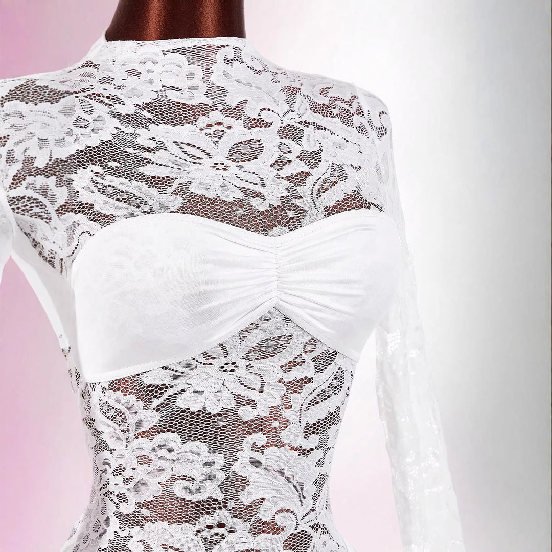 Damen nan transparentes Spitzen-Minikleid mit Bandeau-Einsatz, gerafftem Wickelrock und langen Ärmeln R&B