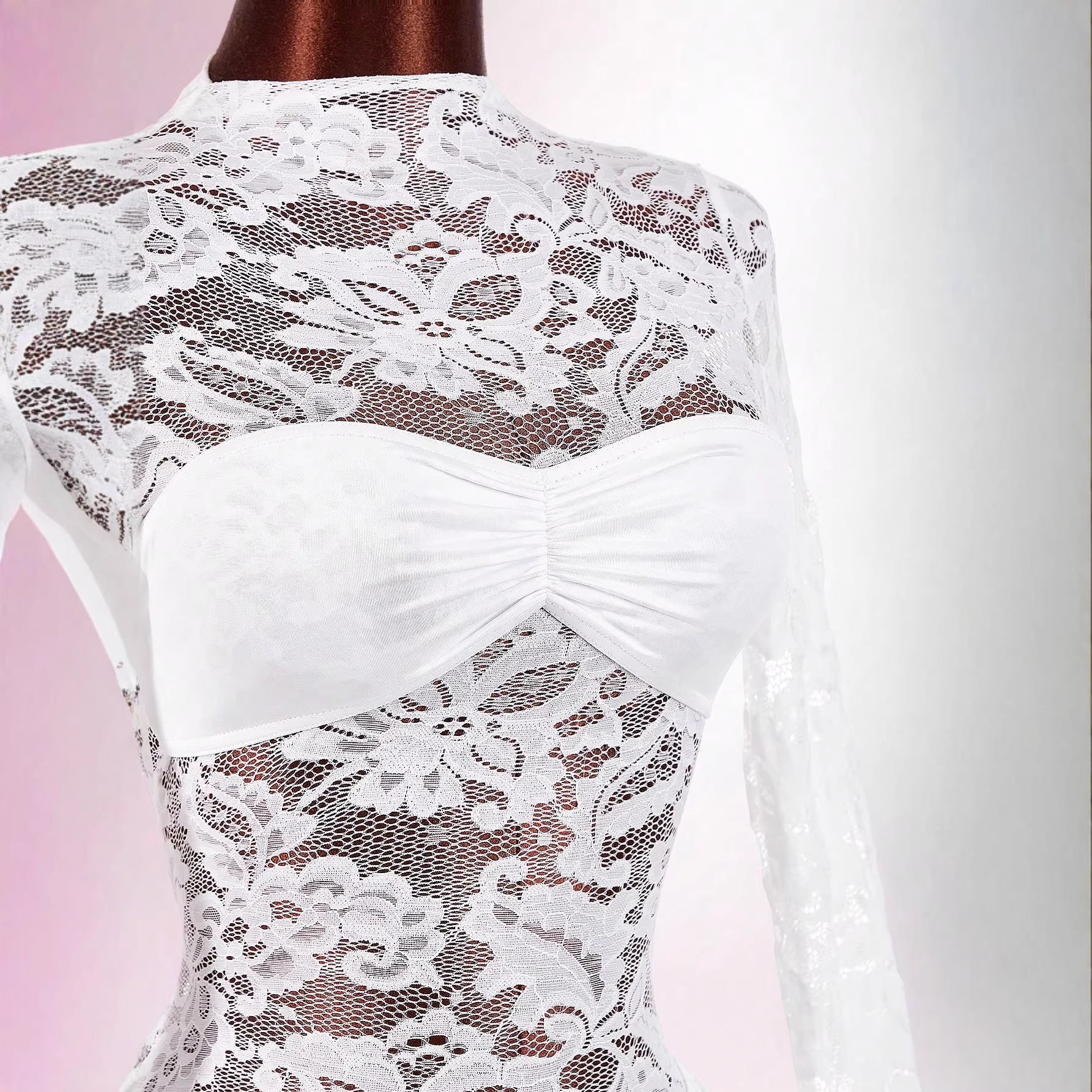 Damen nan transparentes Spitzen-Minikleid mit Bandeau-Einsatz, gerafftem Wickelrock und langen Ärmeln R&B