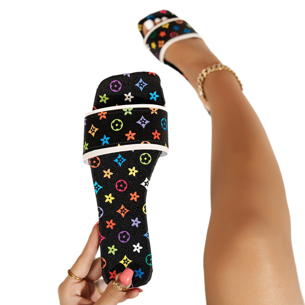 Damen Designer Slipper mit buntem Blumenmotiv R&B