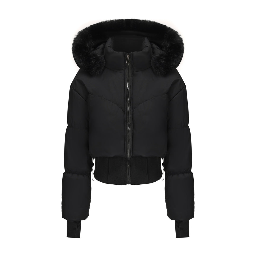 Damen cropped Daunenjacke mit abnehmbarer Kapuze und Kunstfellbesatz