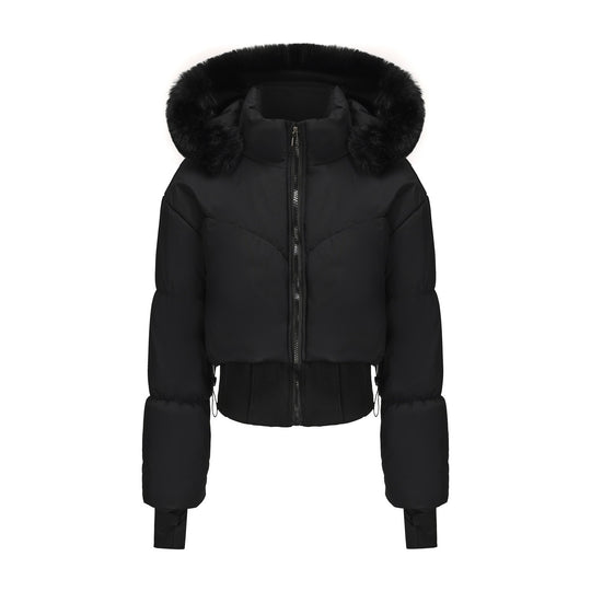 Damen cropped Daunenjacke mit abnehmbarer Kapuze und Kunstfellbesatz