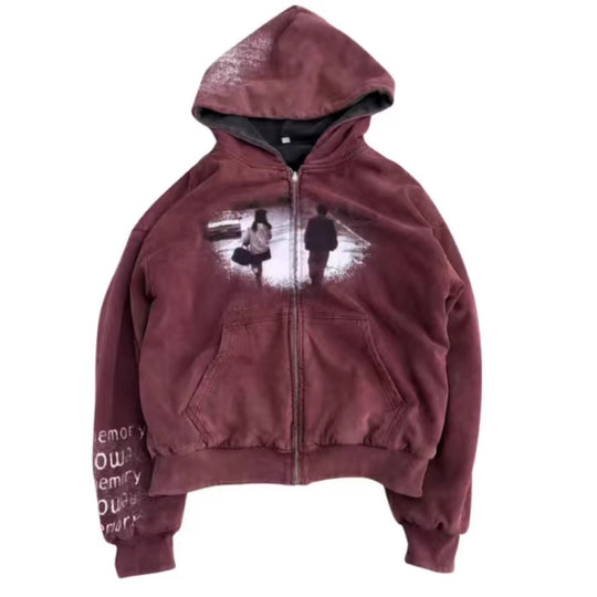 Unisex nan Kapuzenjacke mit durchgehendem Reißverschluss, Used‑Effekt, doppellagiger Kapuze und Ärmeldruck R&B