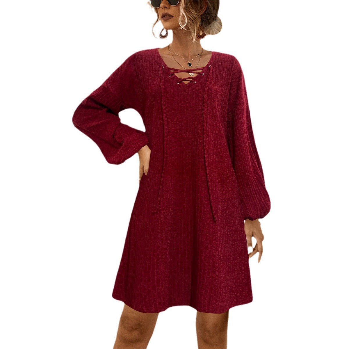 Damen Legeres Strickkleid mit romantischem Schnürdesign R&B