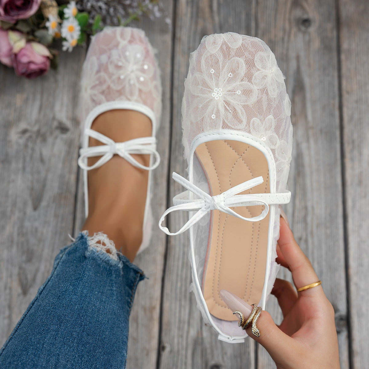 Damen elegante Ballerinas mit floralen Applikationen und rutschfester Sohle R&B