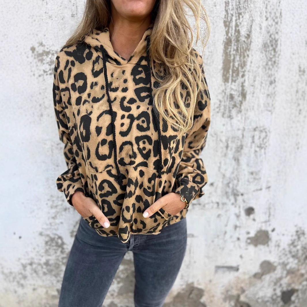Damen Kapuzenpullover mit lässigem Leopardenmuster und praktischen Seitentaschen R&B